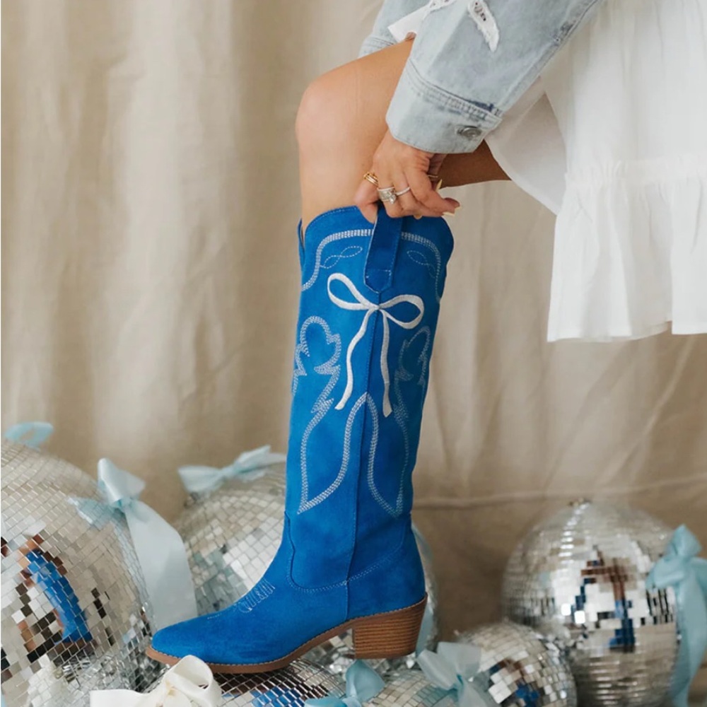 Pink Lily x Krista Horton Boss Bow Blue Suede Western Cowboy Boots New